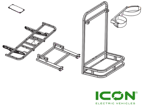 Folding and Seating Ball Bag Rack Assembly for ICON Golf Carts